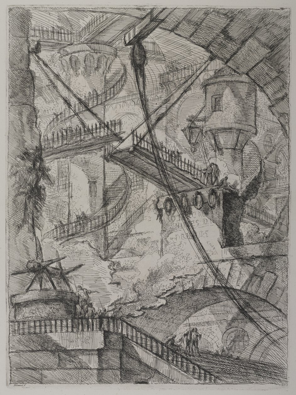 Invenzioni Capric di Carceri; Hind 7, První stav ze tří, c. 1749 (lept na položený papír) od Giovanni Battista Piranesi