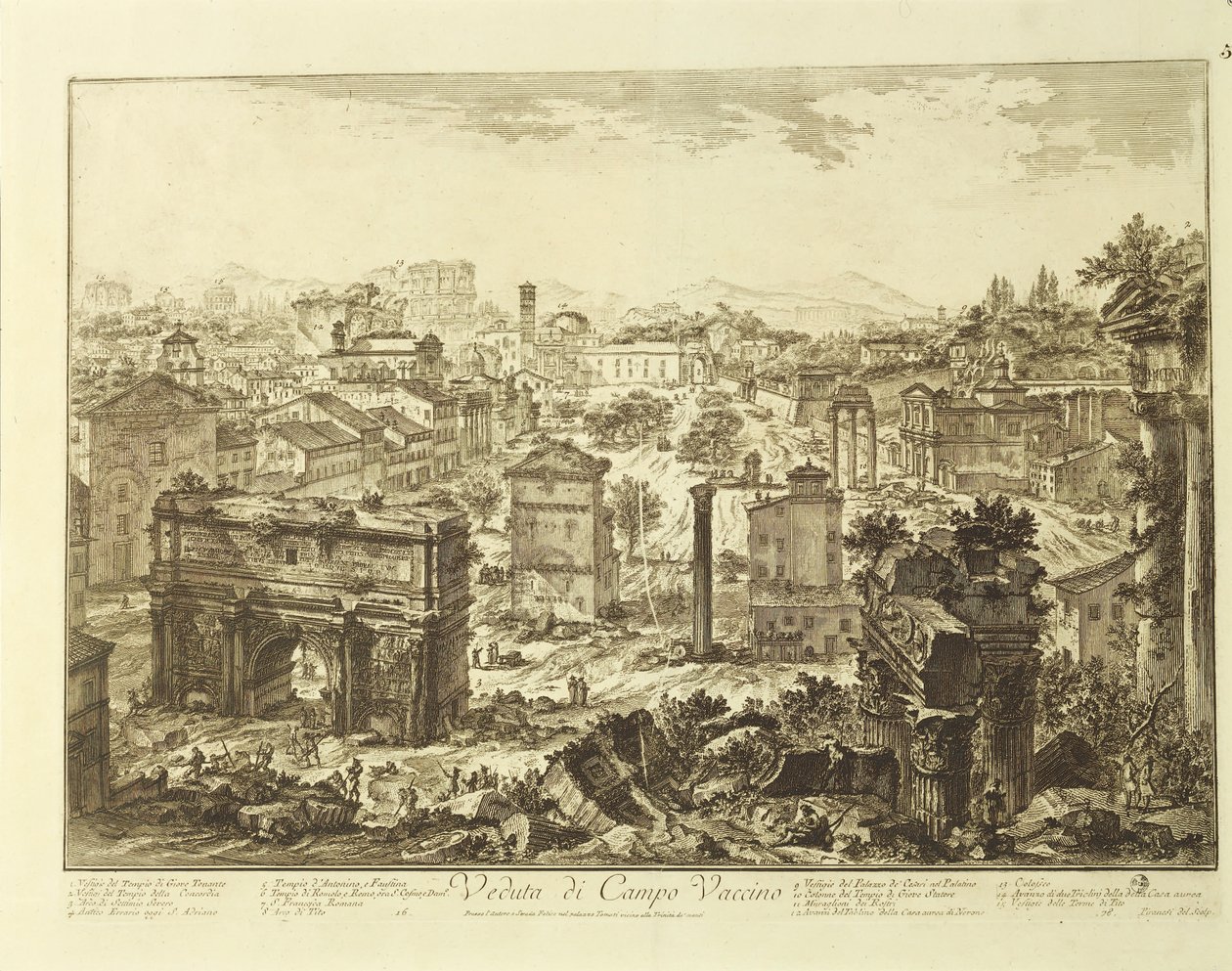 Itálie, Řím, pohled na Campo Vaccino (Forum Romanum) s obloukem Septimia Severa (rytina) od Giovanni Battista Piranesi