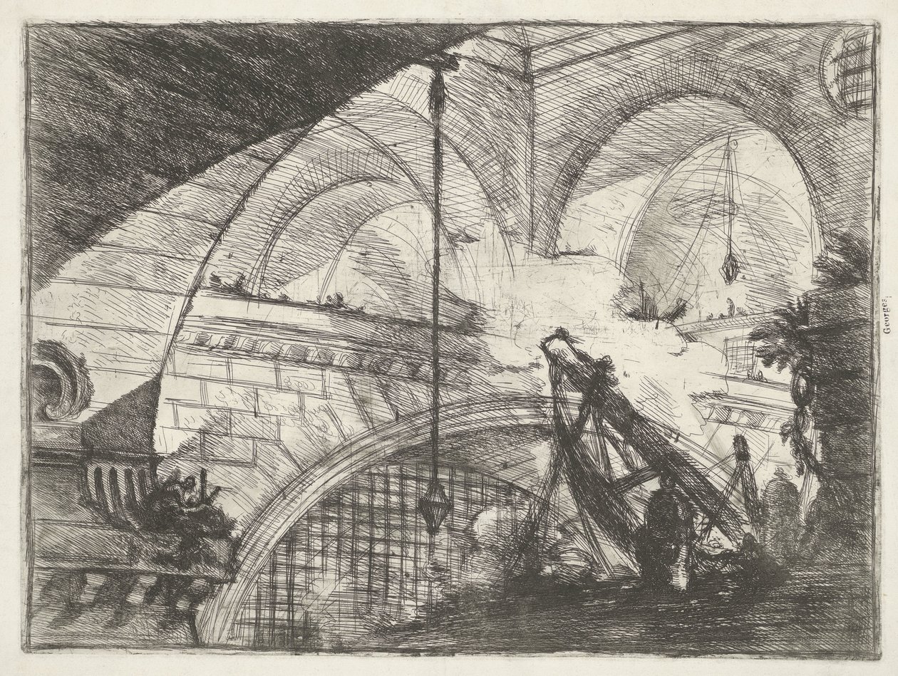 Dungeon se zvedací instalací Oblouk se skořápkovým ornamentem Dungeons (název série) Invenzioni Capric di Carceri all Acqua Forte (název série) od Giovanni Battista Piranesi