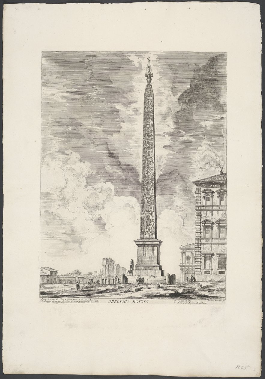 Lateránský obelisk v Římě Egyptský obelisk (název na předmětu) Gezichten op Rome (název série) Pohledy na Řím navržený a vyrytý architektem Giambattista Piranesi Ve (nez) iano (název série) od Giovanni Battista Piranesi