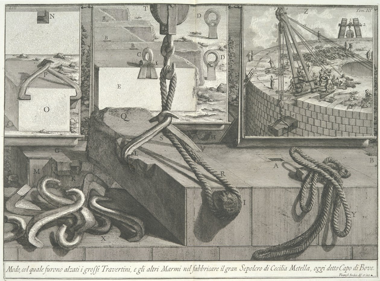 Prostředky, kterými byly zvednuty velké bloky travertinu a mramoru..., 1756-57. od Giovanni Battista Piranesi