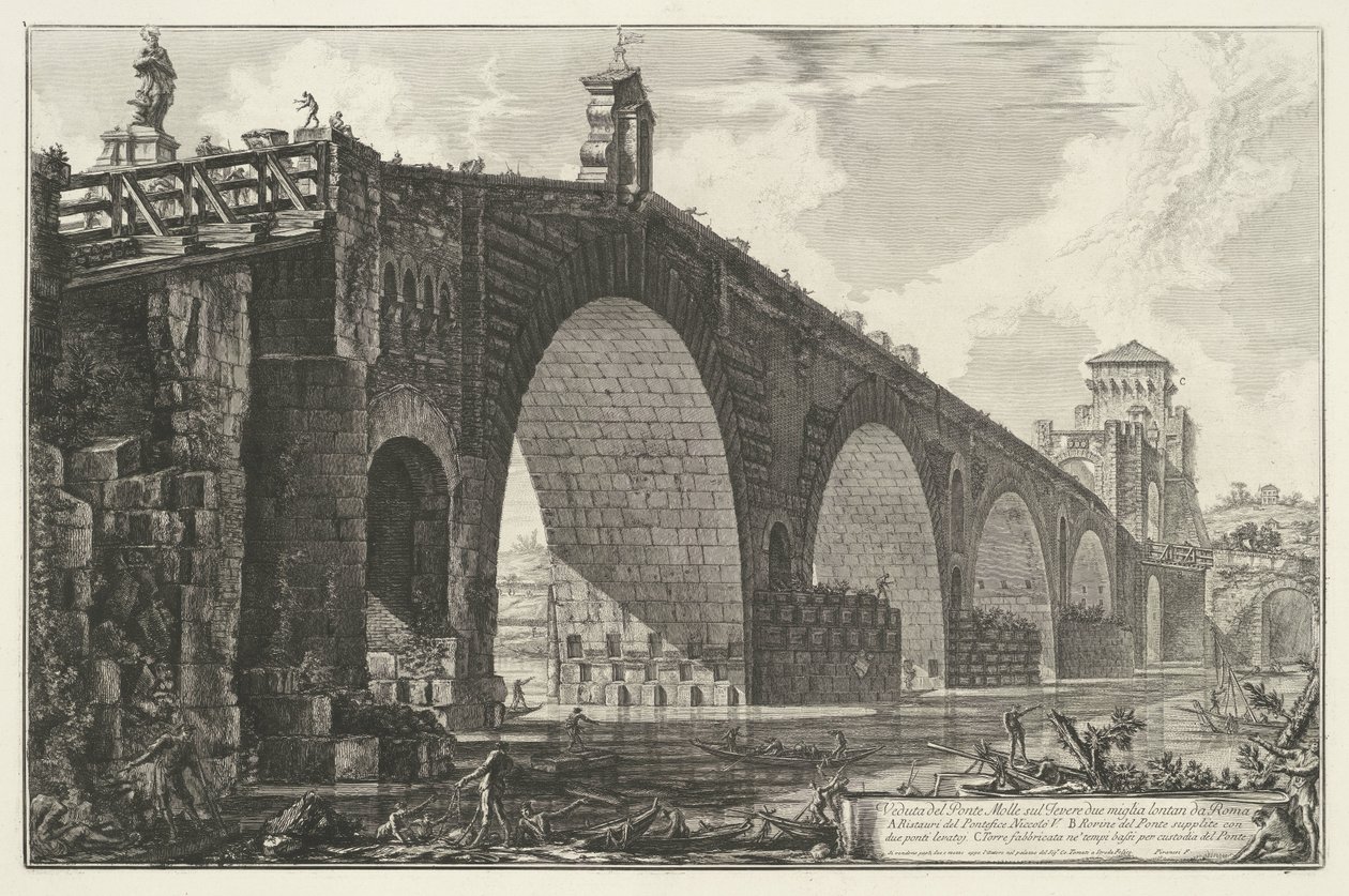 Milvische brug te Rome Pohled na Ponte Molle přes Tiberu dvě míle od Říma (název na objektu) Gezichten op Rome (název série) Pohledy na Řím navržený a vyrytý architektem Giambattista Piranesi Ve (nez) iano (název série) od Giovanni Battista Piranesi