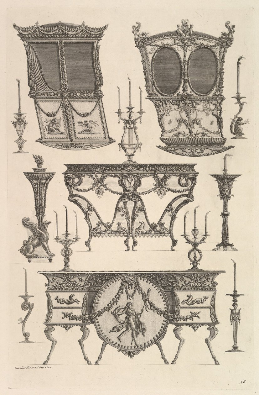 Různý nábytek včetně dvou sedanových židlí, odkládacího stolku a komody Deux c..., ca. 1769. od Giovanni Battista Piranesi