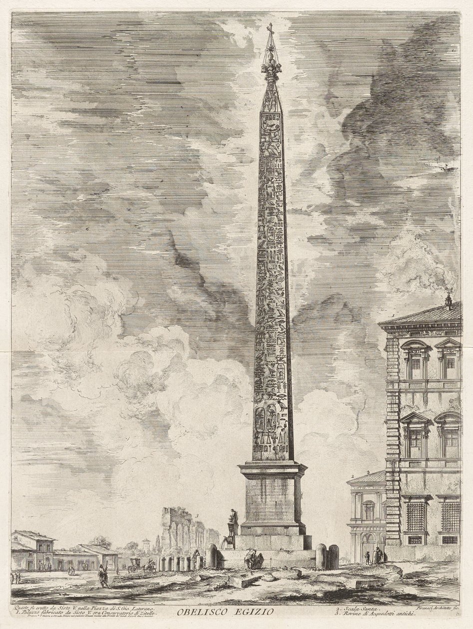 Egyptský obelisk. Ten byl vztyčen papežem Sixtem V. na Piazza di S. Gio. Laterano, z Vedute di Roma (Pohledy na Řím) od Giovanni Battista Piranesi