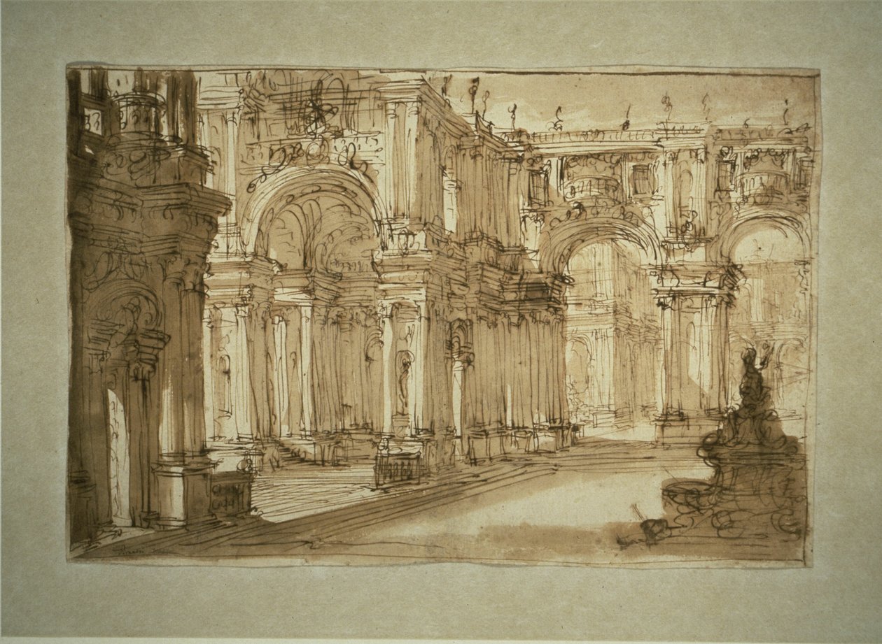Palácové nádvoří s fontánou od Giovanni Battista Piranesi