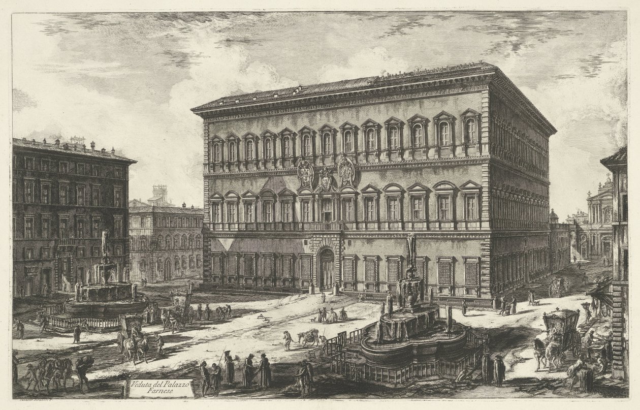 Palazzo Farnese v Římě Pohled na Palazzo Farnese (název na objektu) Gezichten op Rome (název série) Pohledy na Řím navržený a vyrytý architektem Giambattista Piranesi Ve (nez) iano (název série) od Giovanni Battista Piranesi