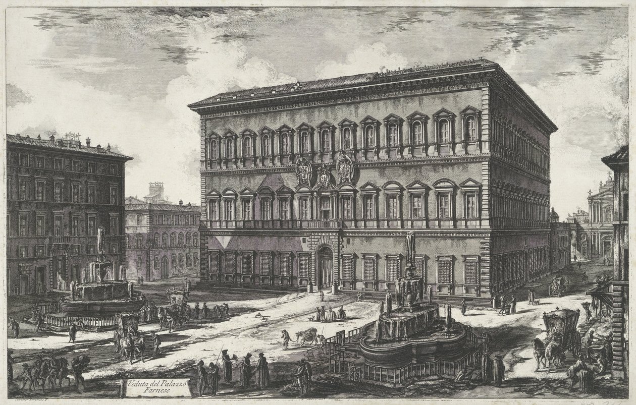 Palazzo Farnese v Římě Pohled na Palazzo Farnese (název na objektu) Gezichten op Rome (název série) Pohledy na Řím navržený a vyrytý architektem Giambattista Piranesi Ve (nez) iano (název série) od Giovanni Battista Piranesi