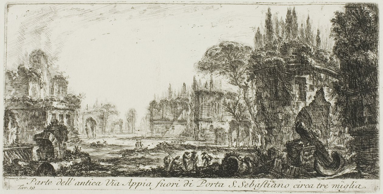 Část starověké Appian Way asi tři míle od Porta S. Sebastiano, deska 19 z Some Views of Triumphal Arches a dalších památek od Giovanni Battista Piranesi