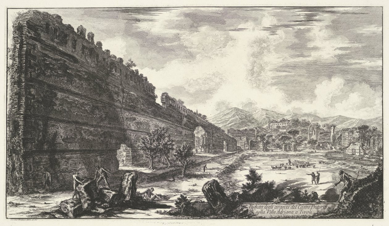 Pecile ve vile Adriana t a Tivoli Pohled na pozůstatky Castro Pretorio ve Villa Adriana v Tivoli (název na objektu) Gezichten op Rome (název série) Pohledy na Řím navrhl a vyryl architekt Giambattista Piranesi Ve (nez) iano (název série od Giovanni Battista Piranesi