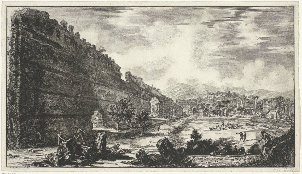 Pecile ve vile Adriana t a Tivoli Pohled na pozůstatky Castro Pretorio ve Villa Adriana v Tivoli (název na objektu) Gezichten op Rome (název série) Pohledy na Řím navrhl a vyryl architekt Giambattista Piranesi Ve (nez) iano (název série od Giovanni Battista Piranesi