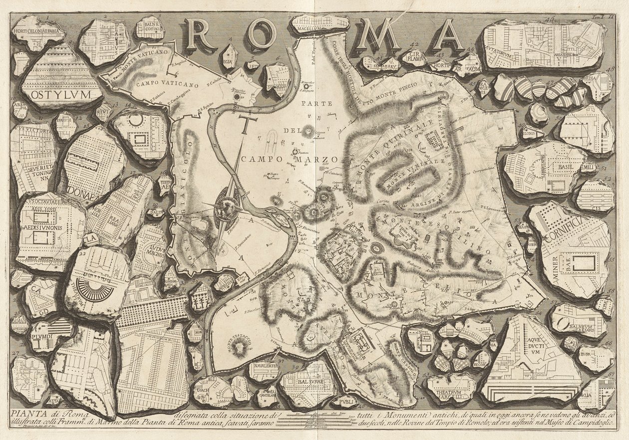 Plán Říma nakreslený se situací všech antických památek od Giovanni Battista Piranesi