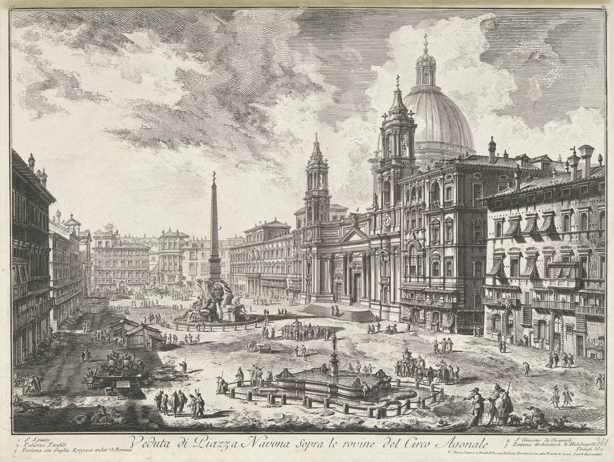 Piazza Navona te Rome Pohled na Piazza Navona nad ruinami Agonal Circus (název na objektu) Gezichten op Rome (název série) Pohledy na Řím navržený a vyrytý architektem Giambattista Piranesi Ve (nez) iano (název série) od Giovanni Battista Piranesi