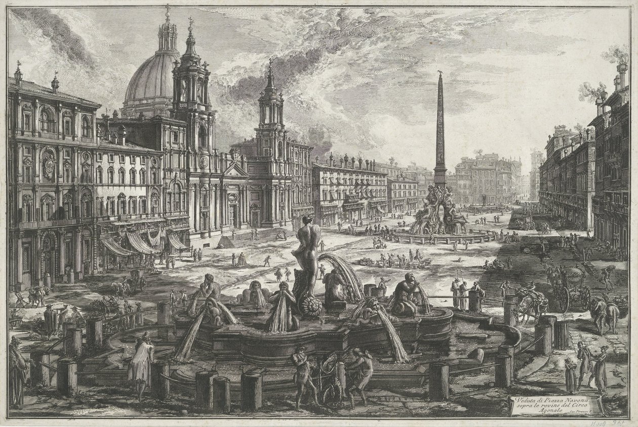 Piazza Navona te Rome Pohled na Piazza Navona nad ruinami Agonal Circus (název na objektu) Gezichten op Rome (název série) Pohledy na Řím navržený a vyrytý architektem Giambattista Piranesi Ve (nez) iano (název série) od Giovanni Battista Piranesi