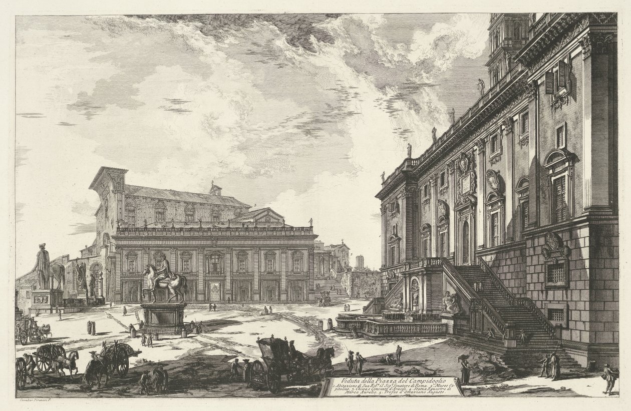 Piazza del Campidoglio te Rome Pohled na náměstí Piazza del Campidoglio (název na objektu) Gezichten op Rome (název série) Pohledy na Řím navržený a vyrytý architektem Giambattista Piranesi Ve (nez) iano (název série) od Giovanni Battista Piranesi
