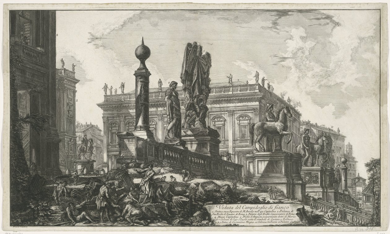Capitol Square van links gezien Pohled na Kapitol na straně (titul na objektu) Gezichten op Rome (název série) Pohledy na Řím navržený a vyrytý architektem Giambattista Piranesi Ve (nez) iano (název série) od Giovanni Battista Piranesi