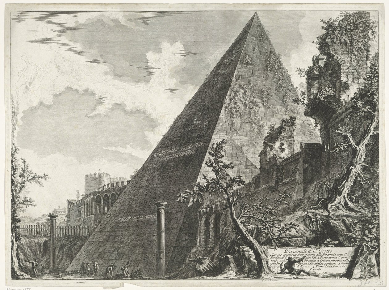 Piramide van Cestius te Rome Pyramida C. Cestio (název na objektu) Gezichten op Rome (název série) Pohledy na Řím navržený a vyrytý architektem Giambattista Piranesi Ve (nez) iano (název série) od Giovanni Battista Piranesi