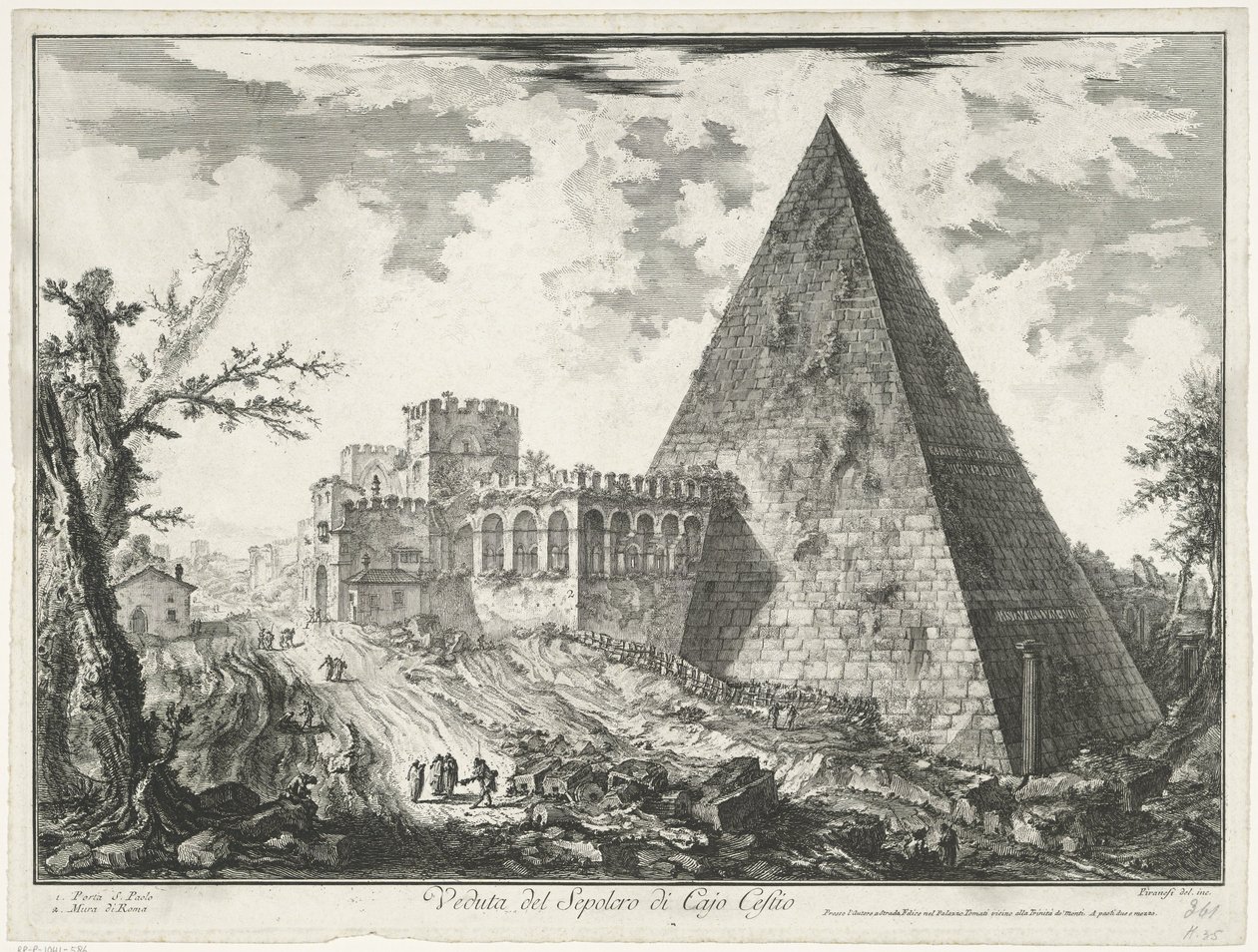 Piramide van Cestius te Rome Pohled na hrobku Cajo Castio (název na objektu) Gezichten op Rome (název série) Pohledy na Řím navržený a vyrytý architektem Giambattista Piranesi Ve (nez) iano (název série) od Giovanni Battista Piranesi