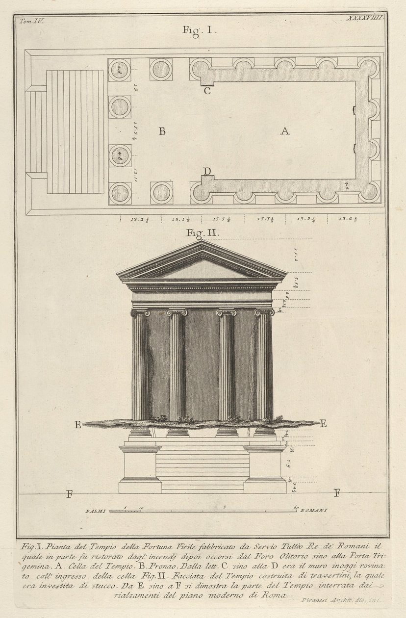 Plán a fasáda chrámu Fortuna Virilis Tempio della Fortuna Virile, z..., 1756. od Giovanni Battista Piranesi