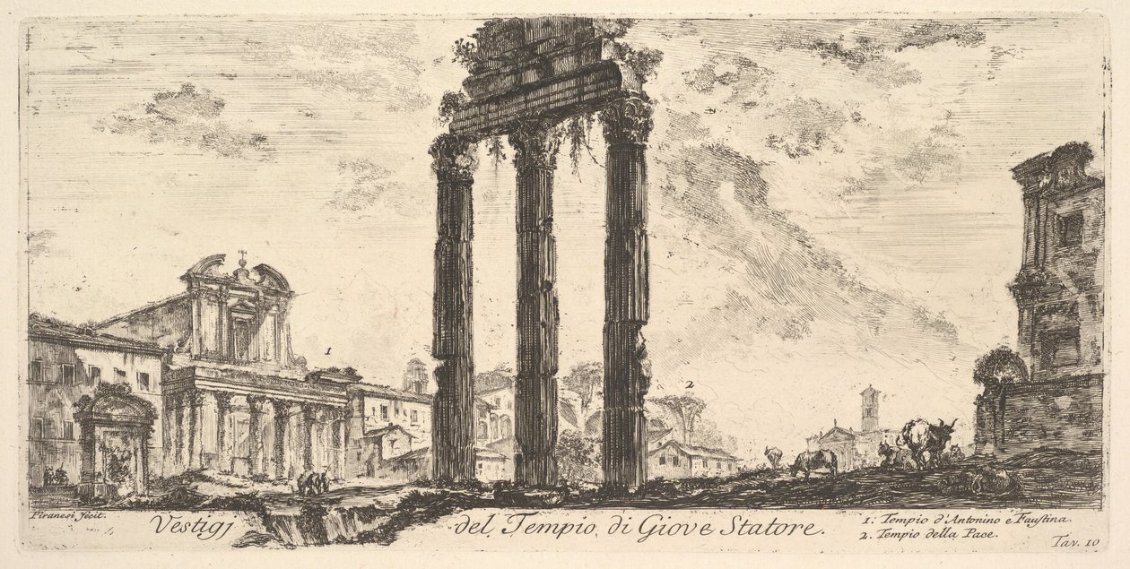 Deska 10: Ruiny chrámu Jupitera Stator Jupiter podporovatel. 1. Chrám ..., ca. 1748. od Giovanni Battista Piranesi