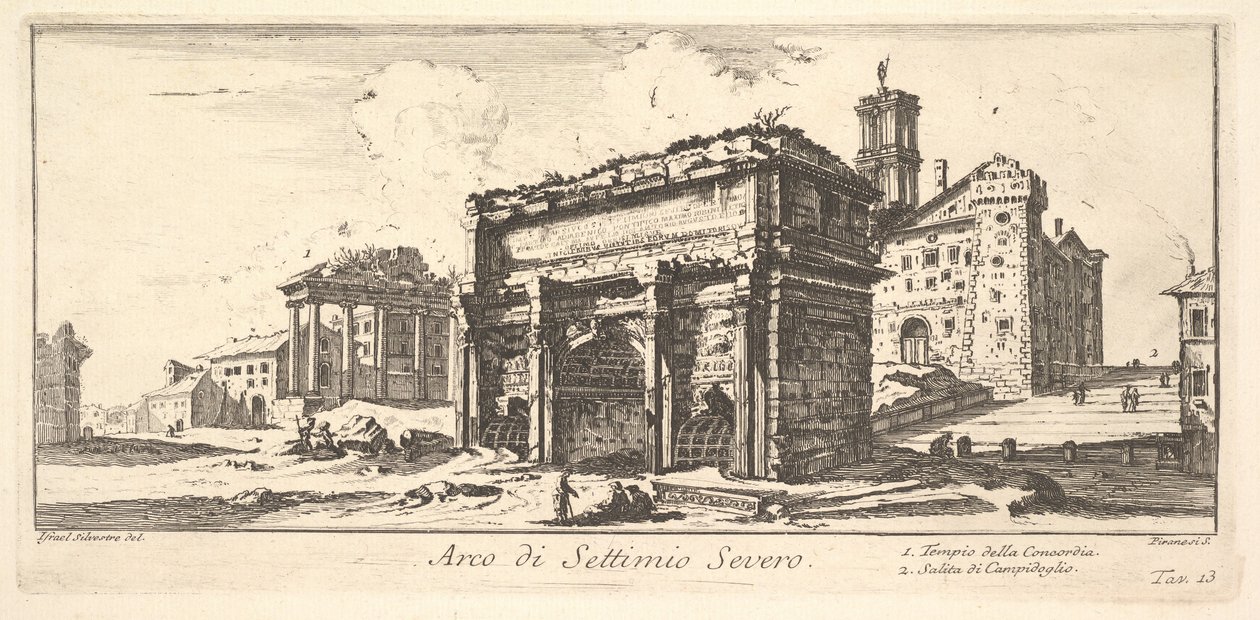 Deska 13: Oblouk Septimia Severa 1. Chrám Svornosti. 2. Výstup na Kapitol ..., ca. 1748. od Giovanni Battista Piranesi