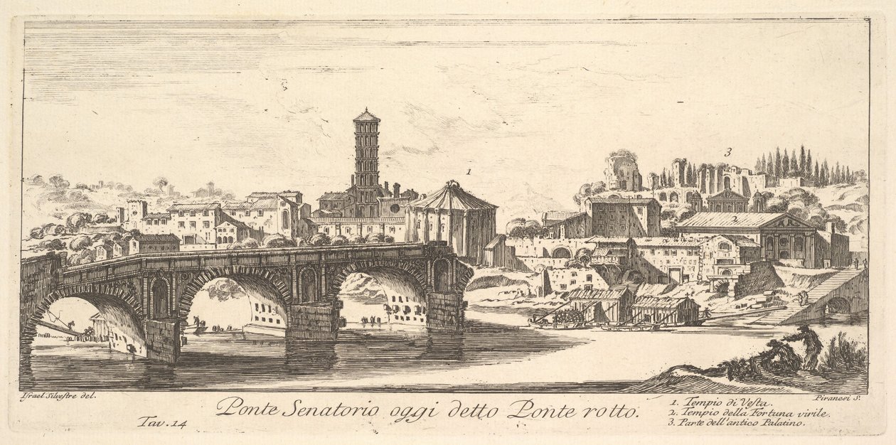 Deska 14: Senátorský most, dnes nazývaný Ponte Rotto Broken Bridge. 1. Chrám o..., ca. 1748. od Giovanni Battista Piranesi