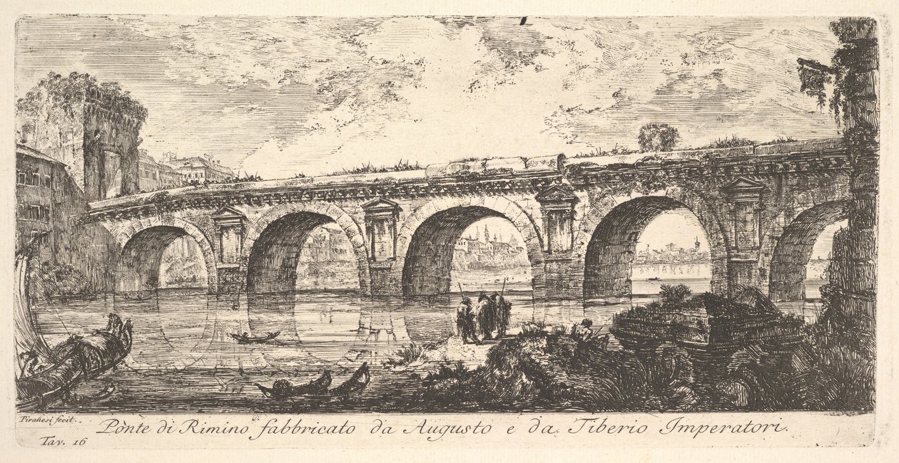 Deska 16: Most v Rimini postavený císaři Augustem a Tiberiem Ponte di R..., ca. 1748. od Giovanni Battista Piranesi