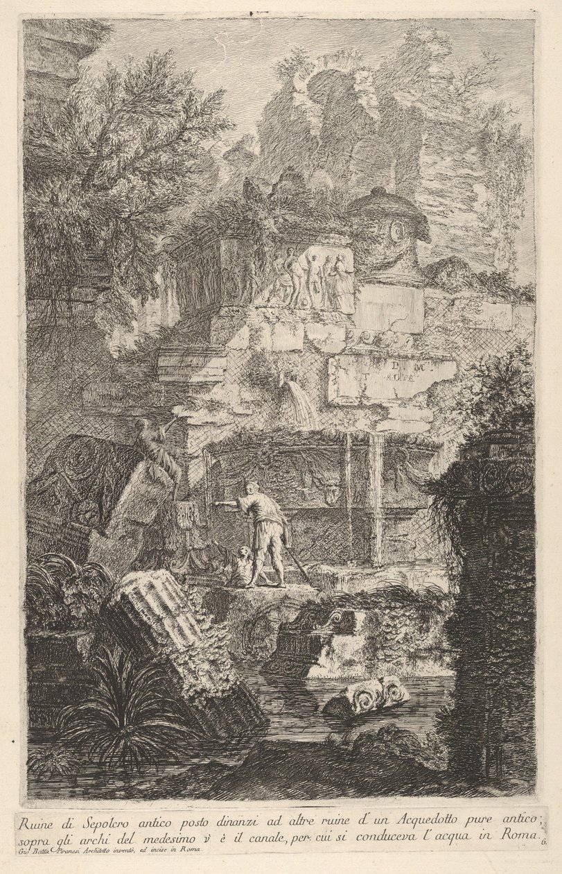 Deska 6: Ruiny starověké hrobky před ruinami starověkého akvaduktu, nad obloukem..., 1743. od Giovanni Battista Piranesi