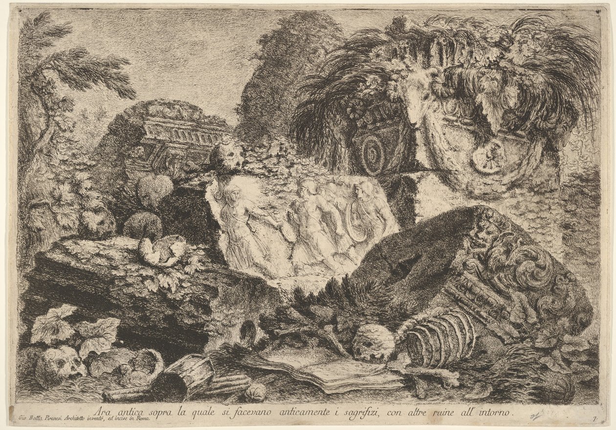 Deska 7: Starověký oltář, na kterém se ve starověku konaly oběti, obklopený jinými..., 1743. od Giovanni Battista Piranesi
