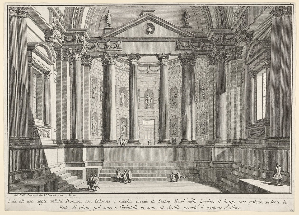 Tabule 9: Sloupový sál podle zvyku starých Římanů (...), z „První části architektur a perspektiv: nakresleno a leptáno Gio. Batt