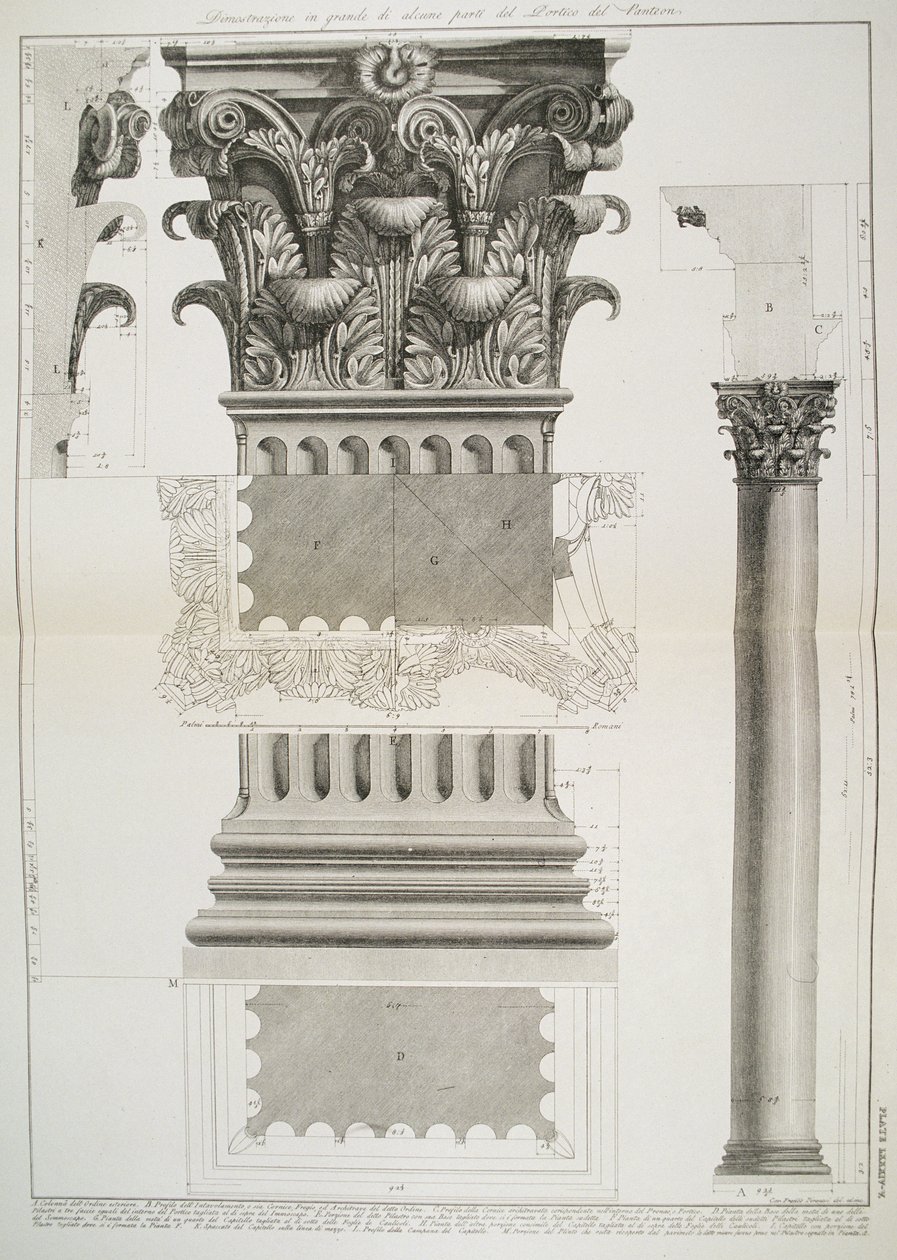 Deska LXXXIV-V Ukázka části portiku Pantheonu ve velkém měřítku z knihy "Vedute", poprvé vydané v roce 1756, vydavatel E und F.N. Spon Ltd., 1900. od Giovanni Battista Piranesi
