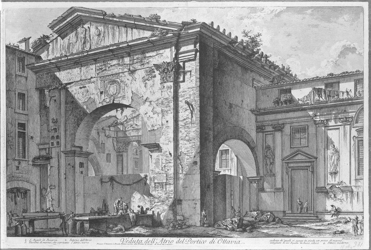 Porticus van Octavia te Rome Pohled do atria sloupoví Octavie (název na objektu) Gezichten op Rome (název série) Pohledy na Řím navržený a vyrytý architektem Giambattista Piranesi Ve (nez) iano (název série) od Giovanni Battista Piranesi