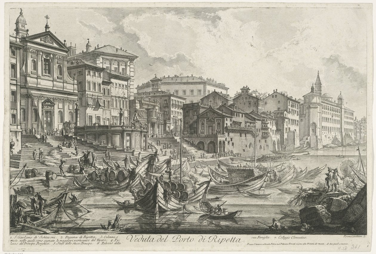 Přístav Ripetta te Rome Pohled na přístav Ripetta (název na objektu) Gezichten op Rome (název série) Pohledy na Řím navržený a vyrytý architektem Giambattista Piranesi Ve (nez) iano (název série) od Giovanni Battista Piranesi