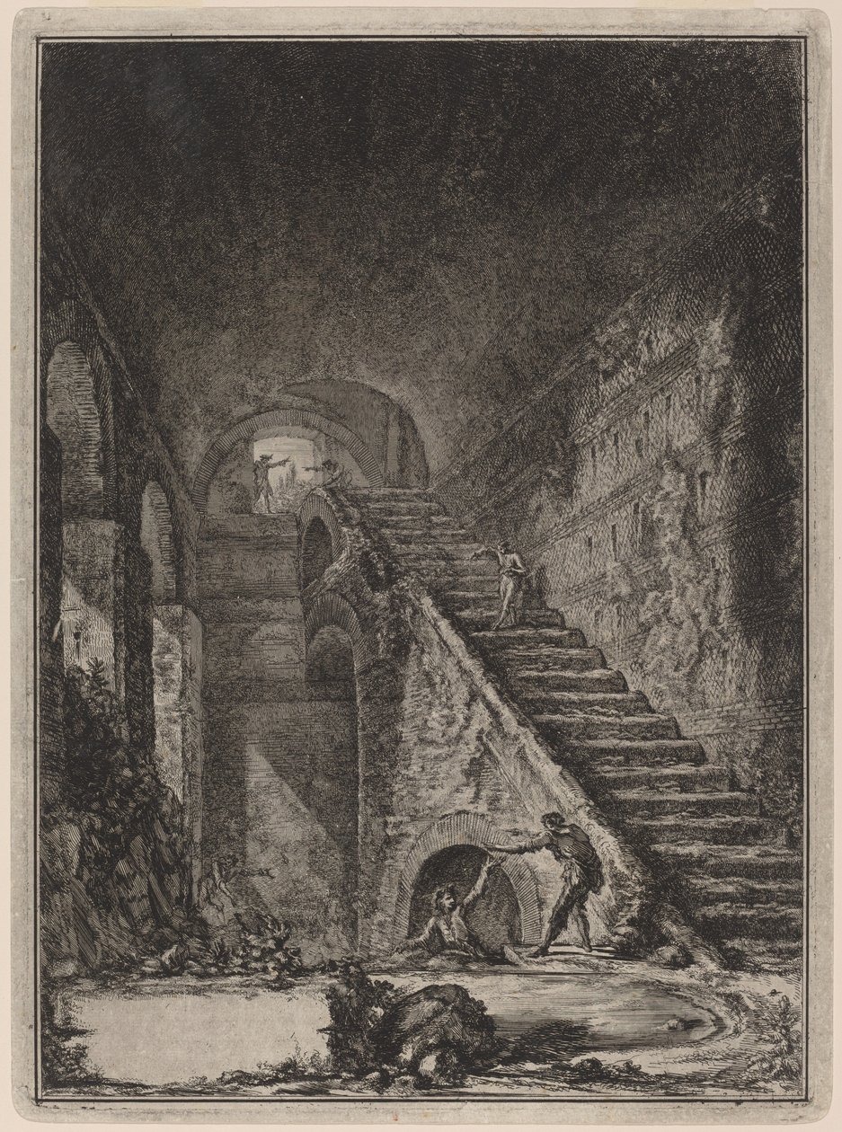 Perspektiva Schodiště vodotěsnosti výše zmíněných objektů, zmiňovaných v půdorysu na desce XIII. G. od Giovanni Battista Piranesi