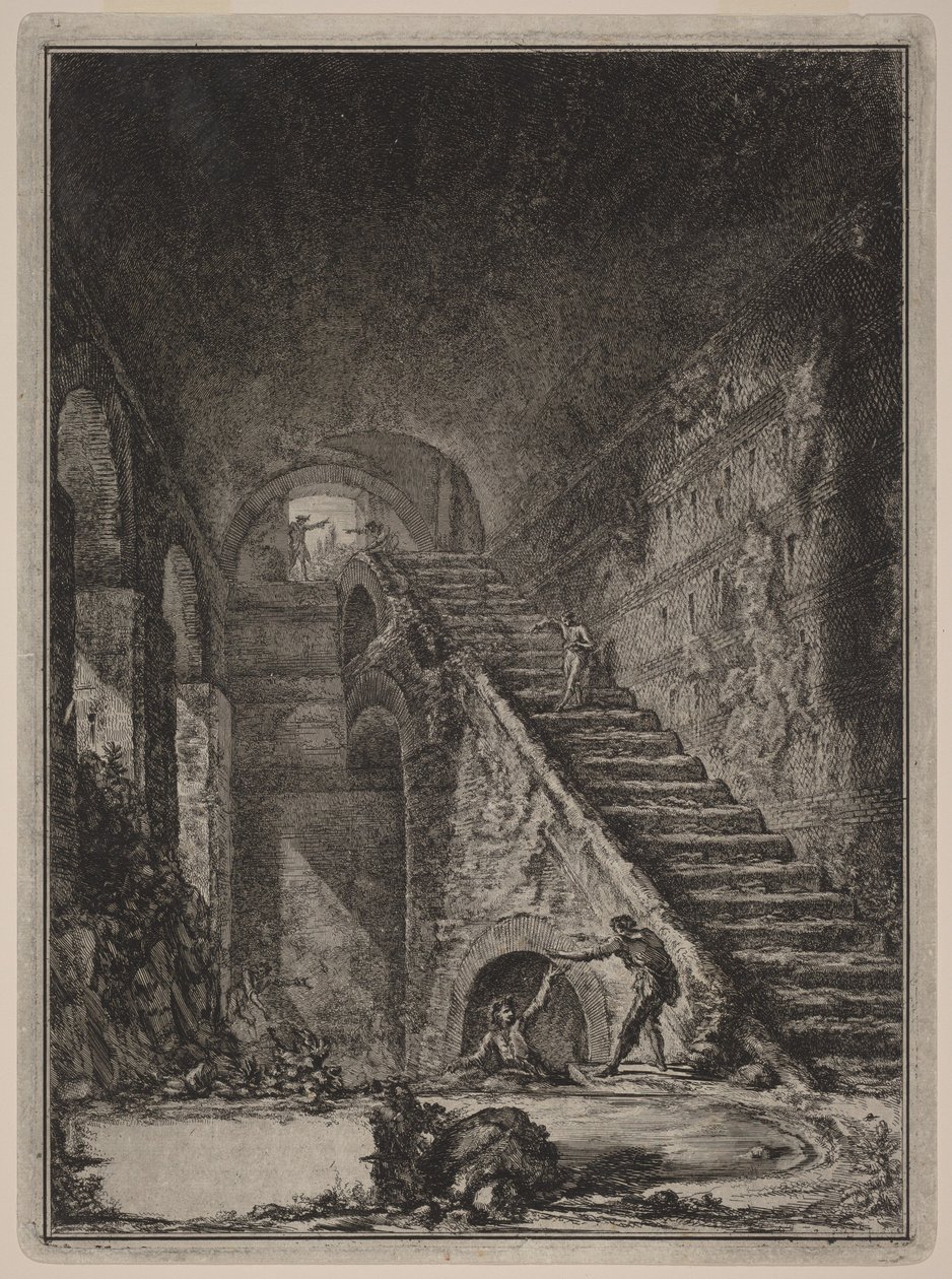 Perspektiva schodiště vodní nádrže již zmíněných ubytovacích prostor, označených v půdorysu na tabuli XIII písmenem G. od Giovanni Battista Piranesi