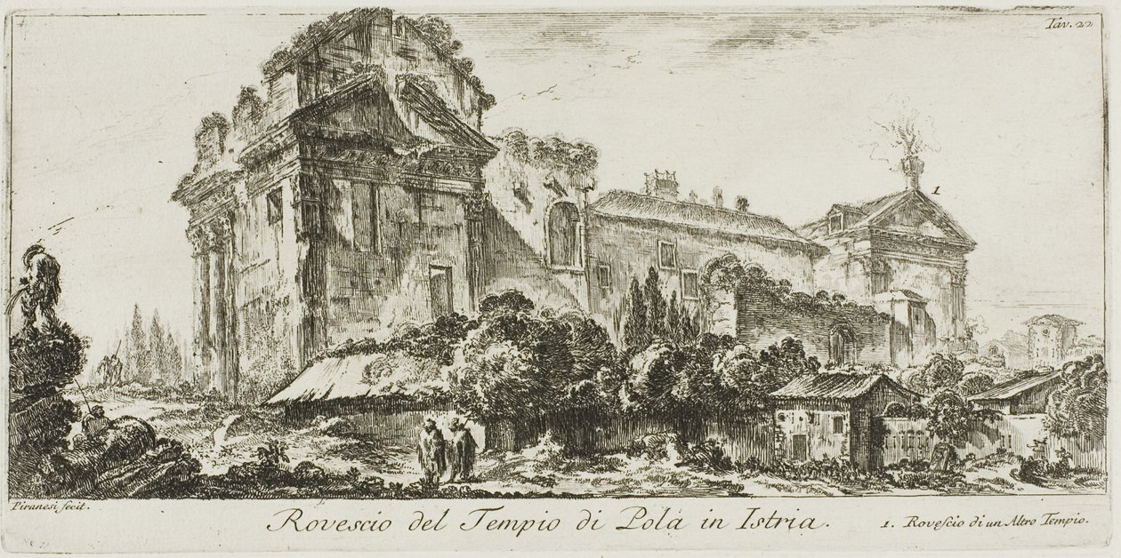Zadní pohled na chrám Pola na Istrii. 1. Pohled zezadu na další chrám, deska 22 z některých pohledů na triumfální oblouky a další památky od Giovanni Battista Piranesi
