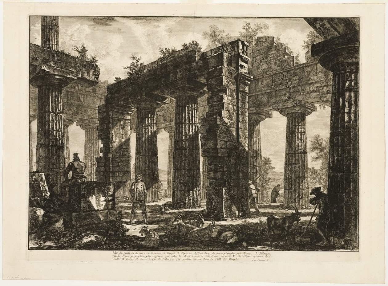 Zadní pohled na pozůstatky pronaos Neptunova chrámu, nakreslené na dvou předchozích deskách, z různých pohledů na Paestum od Giovanni Battista Piranesi