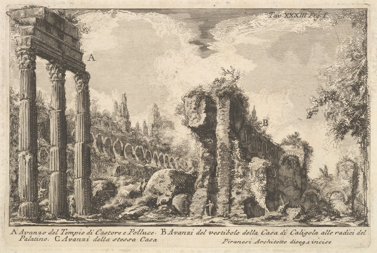 Pozůstatky chrámu Castora a Polluxa . . . Avanzo del Tempio di Castore e ..., 18. století. od Giovanni Battista Piranesi