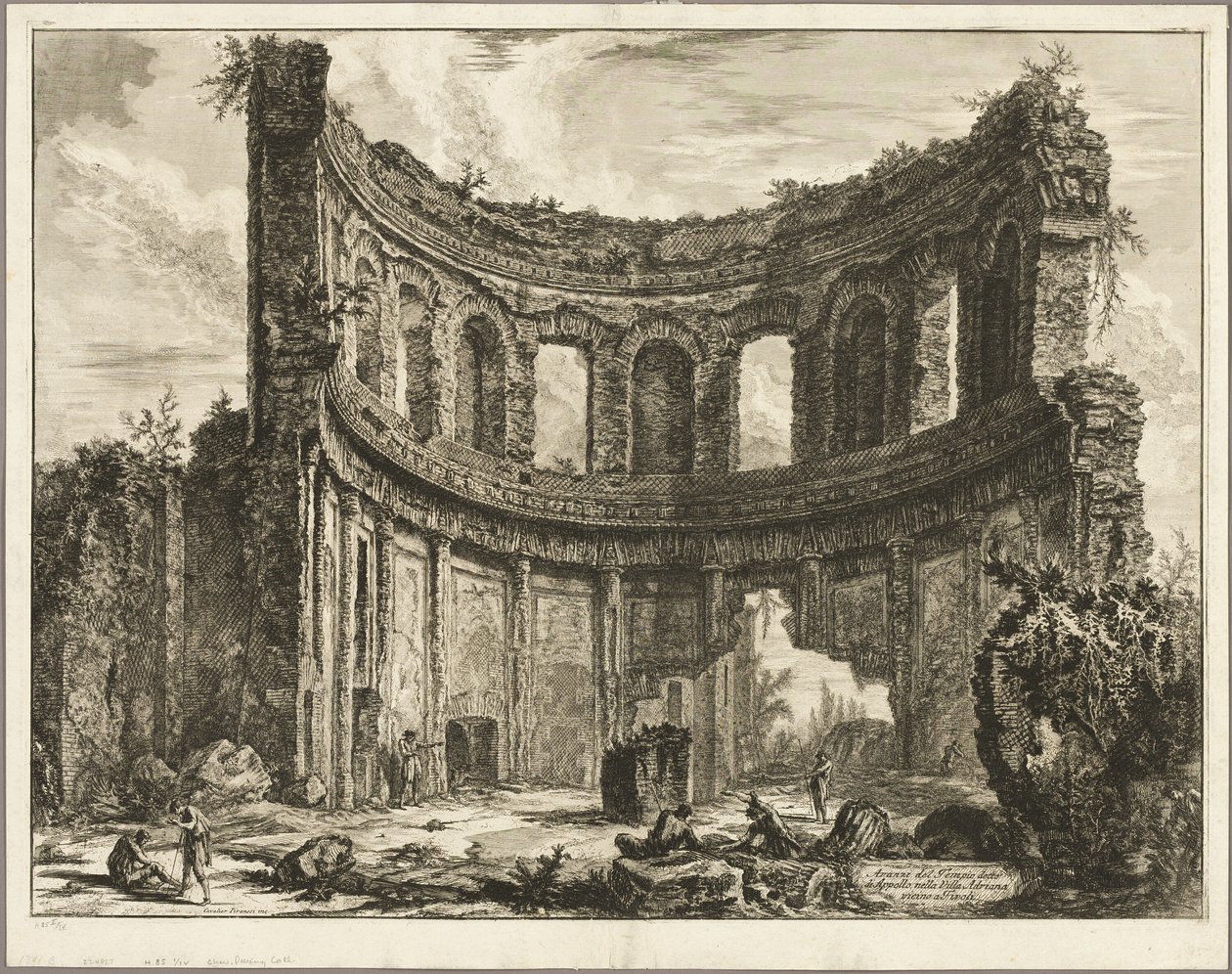 Pozůstatky takzvaného Apollónova chrámu v Hadriánově vile v Tivoli z Pohledů na Řím od Giovanni Battista Piranesi
