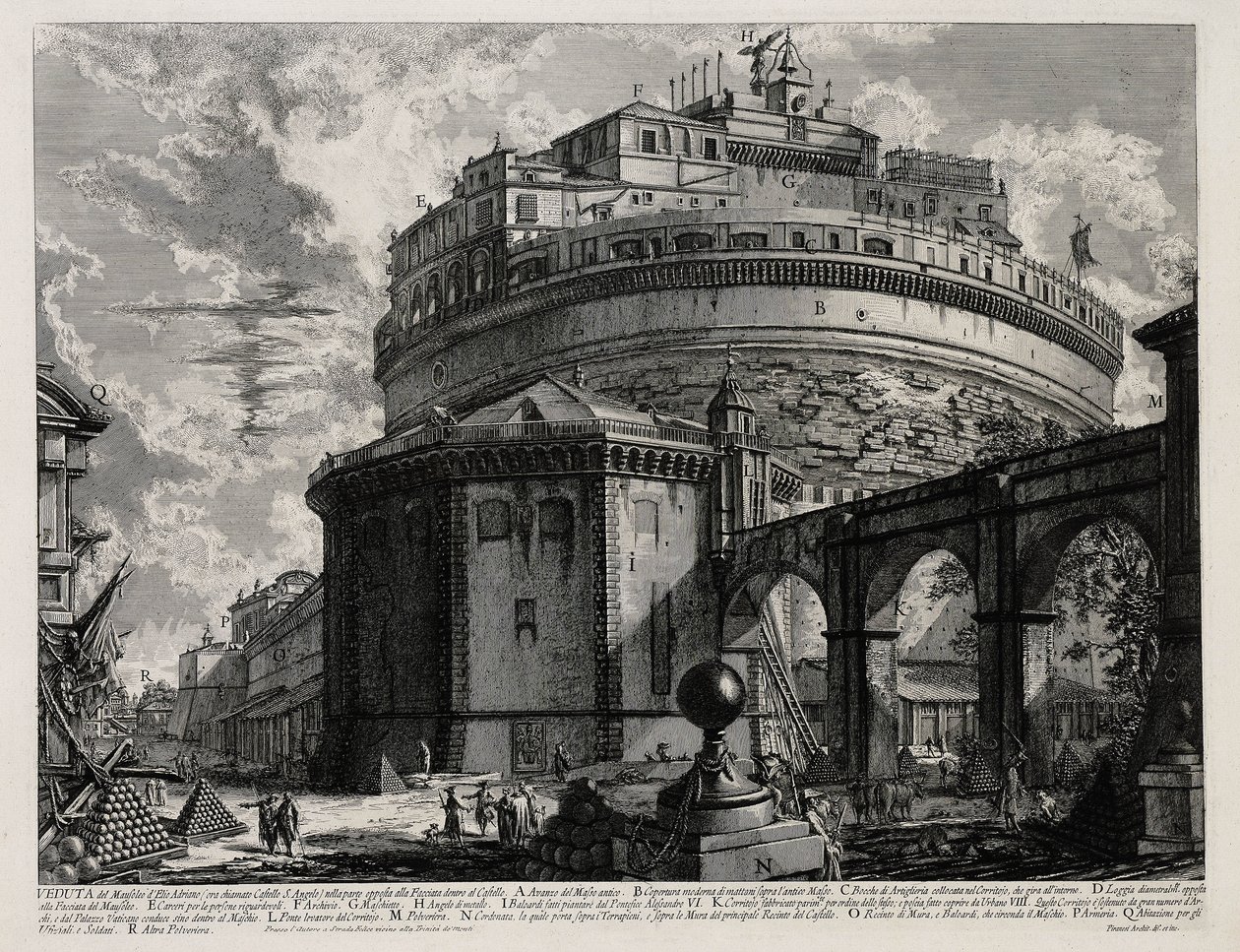 Pohled zezadu na Hadriánovo mauzoleum, nyní nazývané Andělský hrad (z: Vedute di Roma) od Giovanni Battista Piranesi