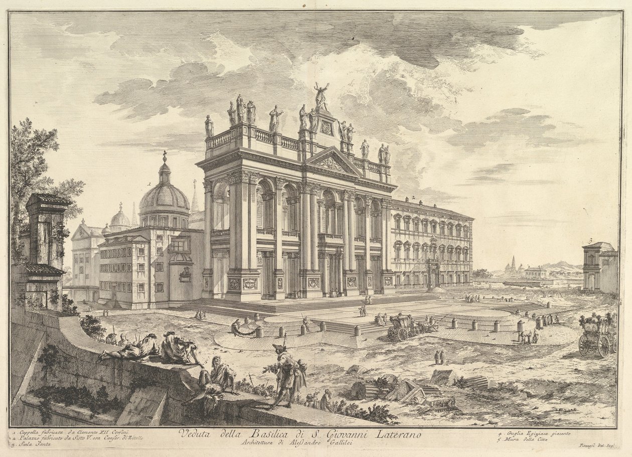 S. Giovanni in Laterano, hlavní průčelí, s palácem a Scala Santa vpravo (Veduta della Basilica di S. Giovanni Laterano), z „Vedute di Roma“ od Giovanni Battista Piranesi