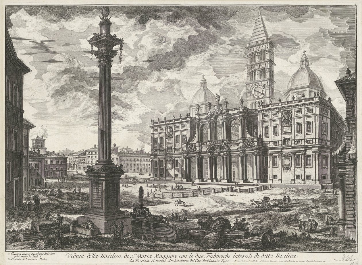 Santa Maria Maggiore te Rome Pohled na baziliku Santa Maria Maggiore se dvěma bočními továrnami zmíněné baziliky (název na objektu) Gezichten op Rome (název série) Pohledy na Řím navrhl a vyryl Giambattista Piranesi architekt Ve (nez) ia od Giovanni Battista Piranesi