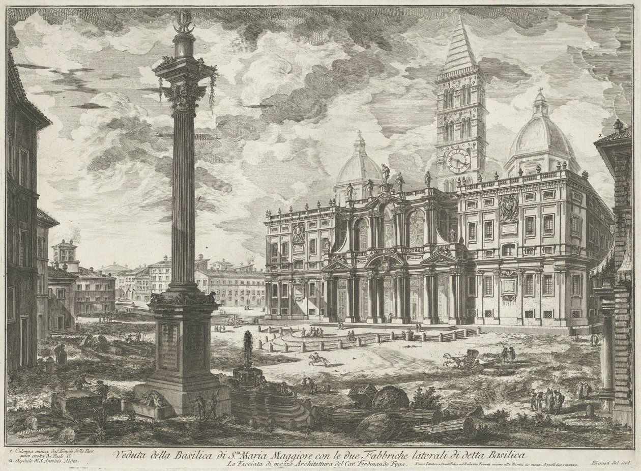Santa Maria Maggiore te Rome Pohled na baziliku Santa Maria Maggiore se dvěma bočními továrnami zmíněné baziliky (název na objektu) Gezichten op Rome (název série) Pohledy na Řím navrhl a vyryl Giambattista Piranesi architekt Ve (nez) ia od Giovanni Battista Piranesi