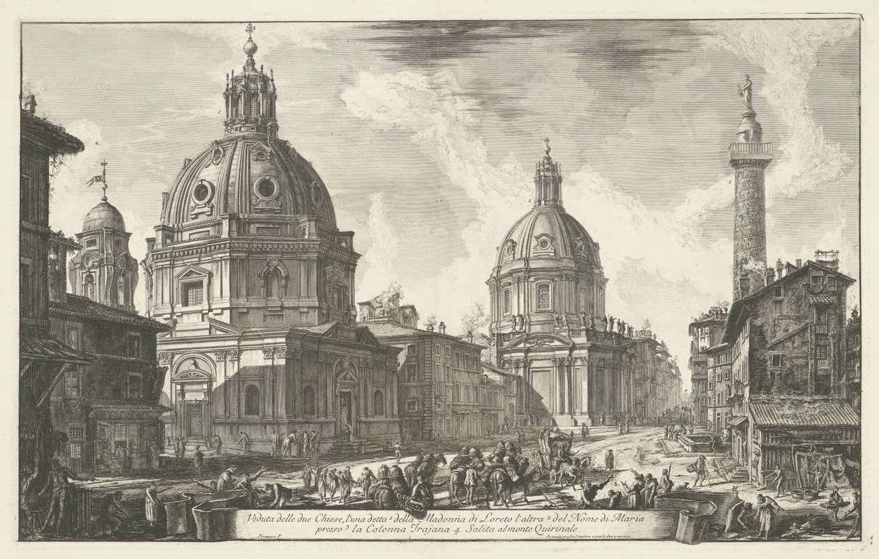 Santa Maria di Loreto en de Santissimo Nome di Maria te Rome Pohled na dva kostely (...) (nadpis na objektu) Gezichten op Rome (název série) Pohledy na Řím navržený a vyrytý architektem Giambattista Piranesi Ve (nez) iano (název série) od Giovanni Battista Piranesi