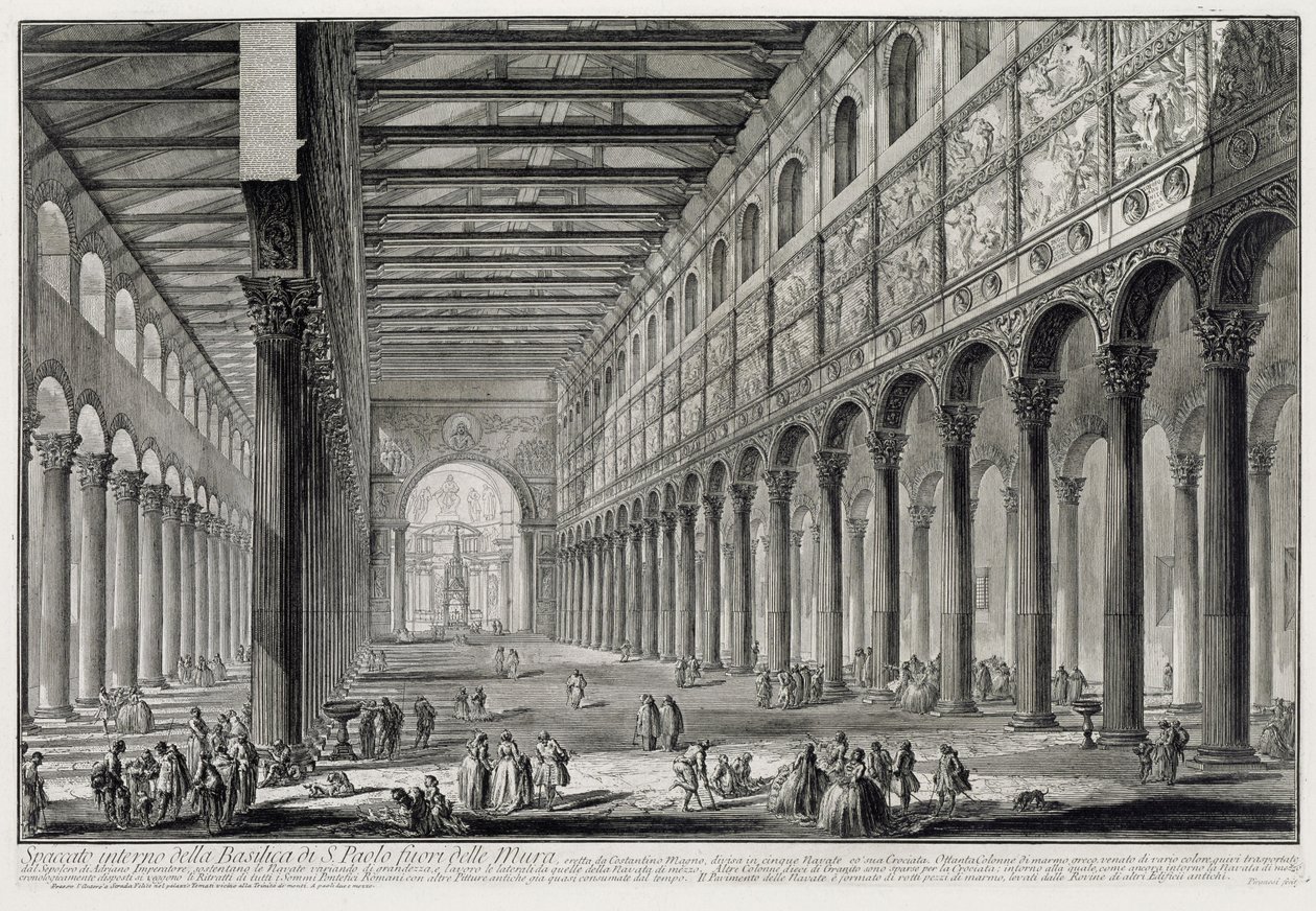 Řez interiérem baziliky San Paolo fuori le Mura (z: Vedute di Roma) od Giovanni Battista Piranesi
