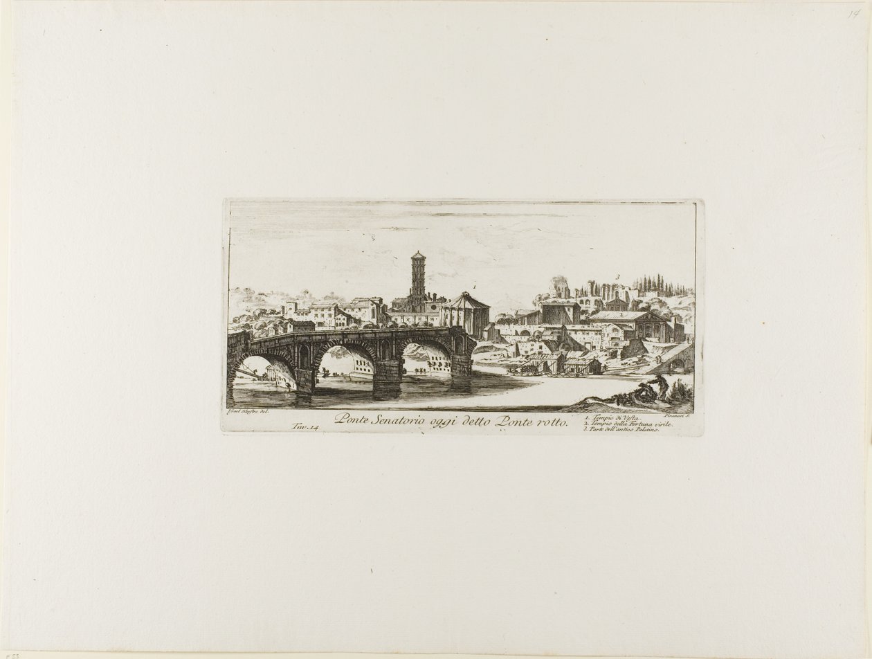 Senátorský most, dnes nazývaný Ponte Rotto [Zlomený most]. 1. Vestin chrám. 2. Chrám Fortuny Virilis. 3. Část antického Palatinu, deska 14 z knihy Některé pohledy na vítězné oblouky a jiné památky. od Giovanni Battista Piranesi