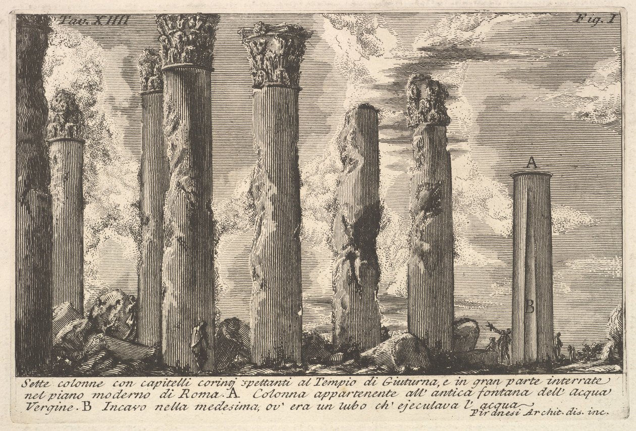 Sedm sloupů chrámu Juturna s korintskými hlavicemi. . . Sette dvojtečka..., 18. století. od Giovanni-Battista Piranesi