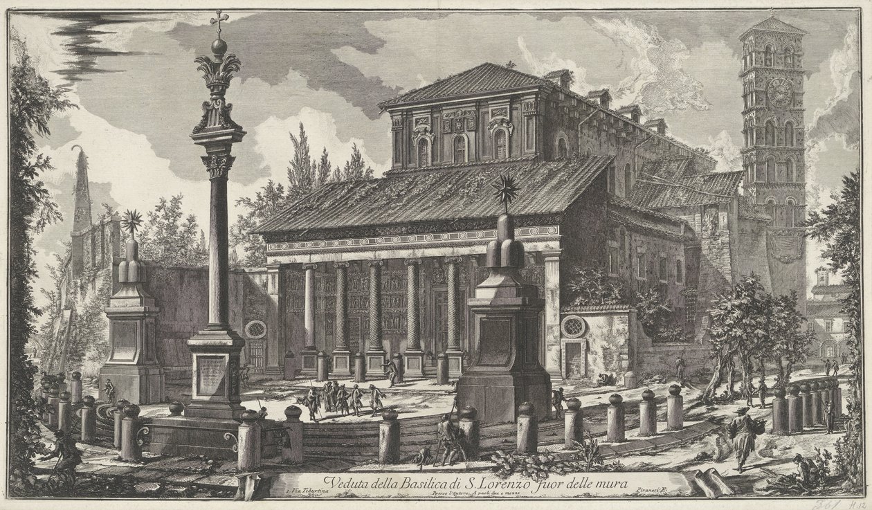 Sint-Laurens buiten de Muren te Rome Pohled na baziliku S. Lorenzo za hradbami (titul na objektu) Gezichten op Rome (název série) Pohledy na Řím navržený a vyrytý architektem Giambattista Piranesi Ve (nez) iano (název série) od Giovanni Battista Piranesi