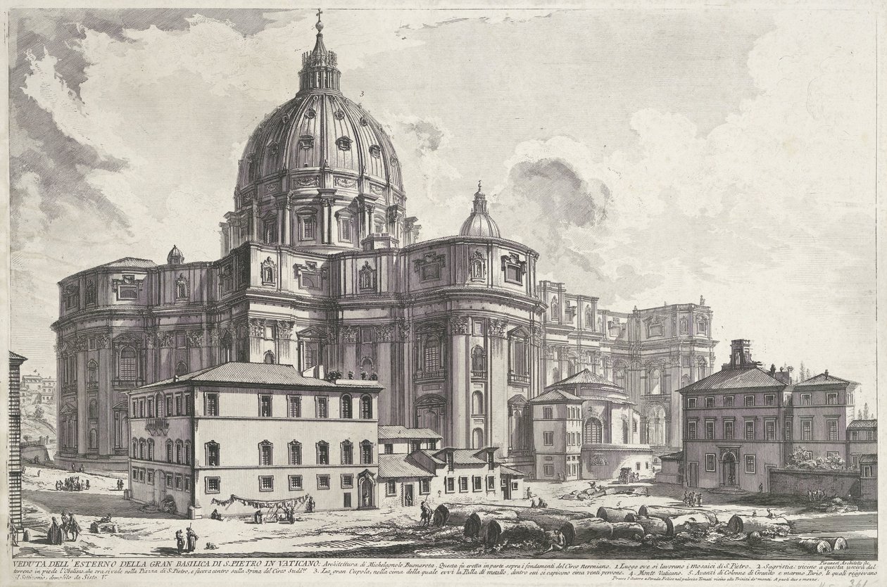 Sint-Pietersbasiliek vanaf Náměstí sakristie Pohled na exteriér velké baziliky svatého Petra ve Vatikánu (titul na objektu) Gezichten op Rome (název série) Pohledy na Řím navrhl a vyryl Giambattista Piranesi architekt Ve (nez) iano (ser od Giovanni Battista Piranesi