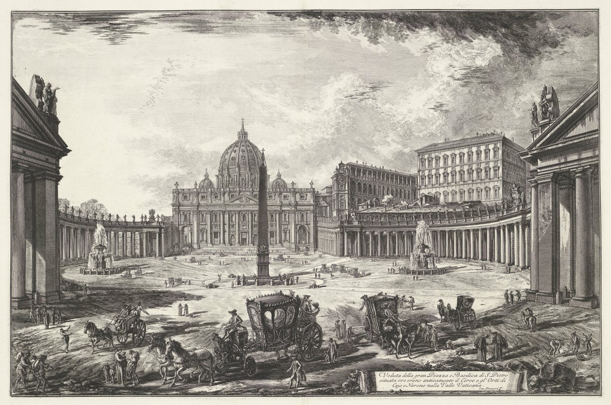 Sint-Pietersplein se setkal s de Sint-Pietersbasiliek te Vaticaanstad Pohled na velké náměstí a baziliku sv. Petra (...) (titul na objektu) Gezichten op Rome (název série) Pohledy na Řím navrhl a vyryl Giambattista Piranesi architekt Ve (nez) iano (s od Giovanni Battista Piranesi