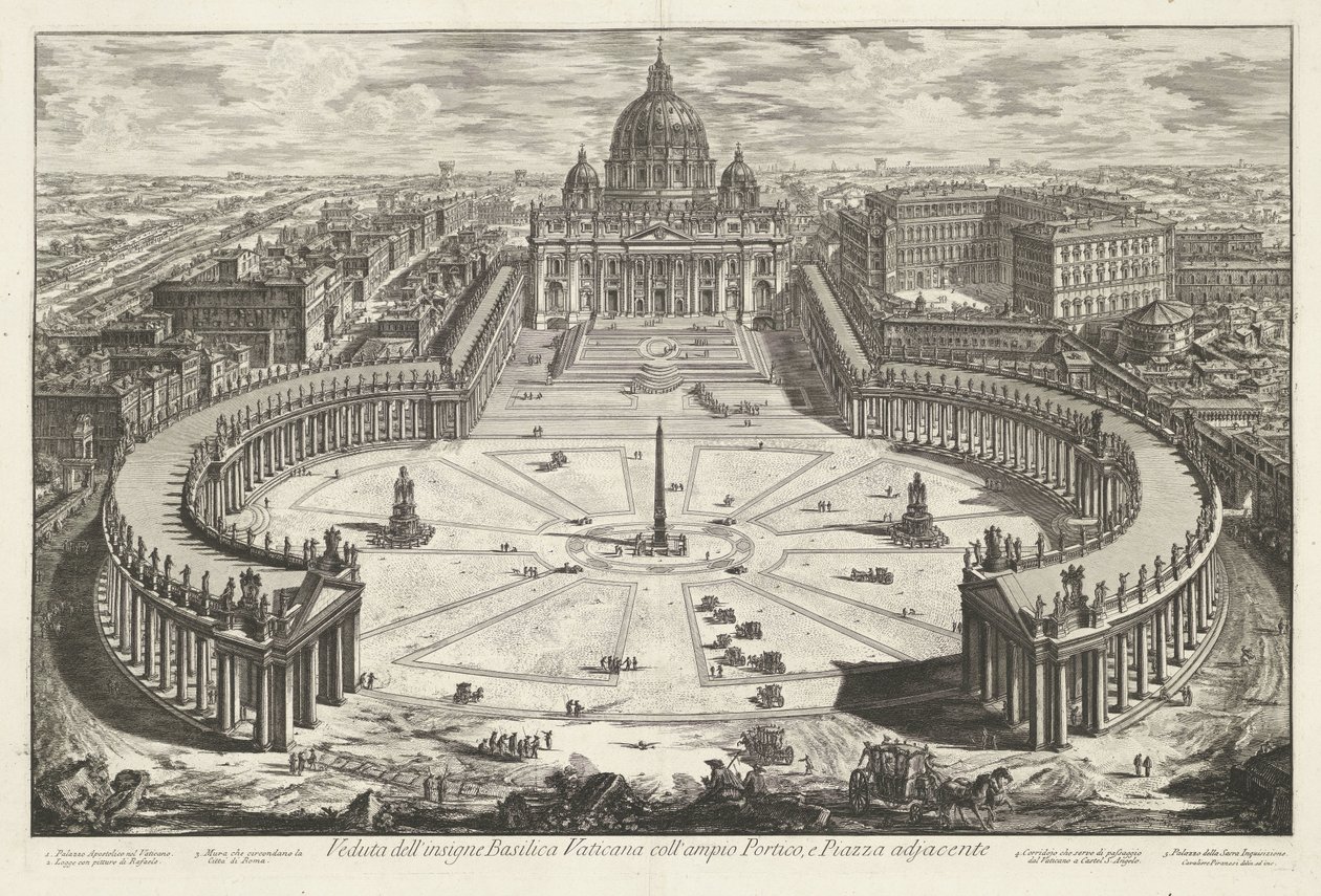 Sint-Pietersplein se setkal s de Sint-Pietersbasiliek te Vaticaanstad Pohled na slavnou vatikánskou baziliku s velkým Portikem a přilehlým náměstím Piazza (název na objektu) Gezichten op Rome (název série) Pohledy na Řím navrhl a vyryl Giambattista Piranes od Giovanni Battista Piranesi